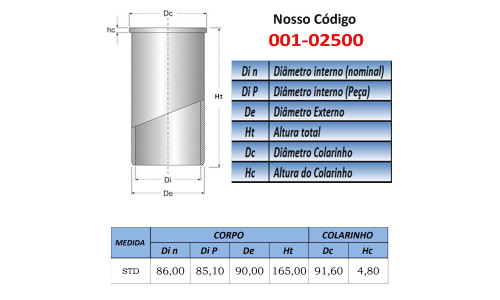 CAMISA DE CILINDRO 86mm STD: KIA HW 2.2 8v. BESTA P/ BLOCO NÃO ENCAMISADO