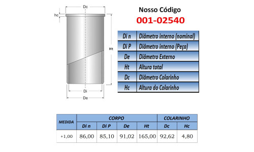 CAMISA DE CILINDRO 86mm +1,00: KIA HW 2.2 8v. BESTA P/ BLOCO NÃO ENCAMISADO