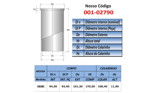 CAMISA DE CILINDRO 94,5mm SEMI: KIA/ FIAT J2 2.7 8v. BESTA GS/ BONGO K2700/ DUCATO 2.8 T