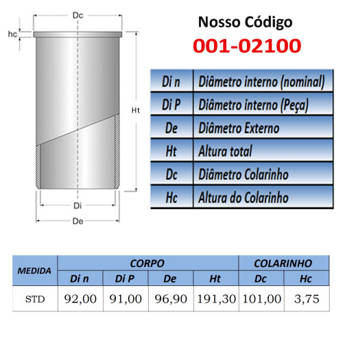 CAMISA DE CILINDRO  92mm STD: ASIA / KIA BONGO K2400/ TOPIC 2.7