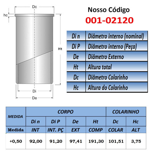 CAMISA DE CILINDRO  92mm +0,50: ASIA / KIA BONGO K2400/ TOPIC 2.7