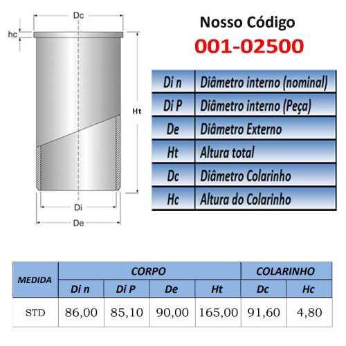 CAMISA DE CILINDRO 86mm STD: KIA HW 2.2 8v. BESTA P/ BLOCO NÃO ENCAMISADO