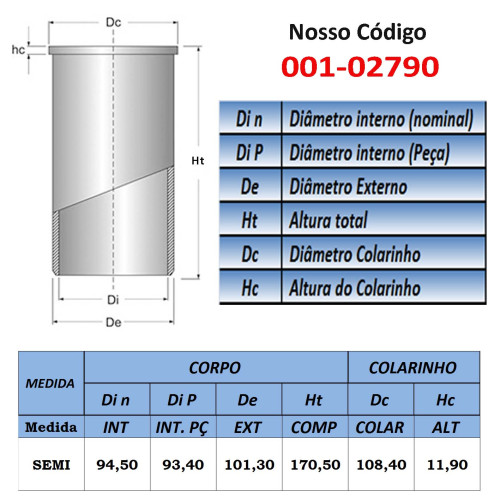 CAMISA DE CILINDRO 94,5mm SEMI: KIA/ FIAT J2 2.7 8v. BESTA GS/ BONGO K2700/ DUCATO 2.8 T