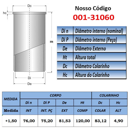 CAMISA DE CILINDRO 76mm +1,50: FIAT FIASA 147/ ELBA/ PALIO/ UNO MILLE  1050cc